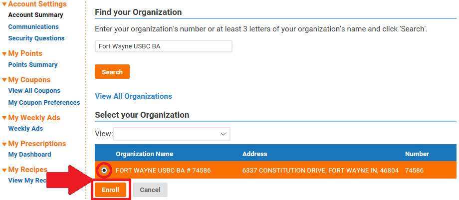 Step 5 - Enroll > Select Fort Wayne USBC BA and Click Enroll