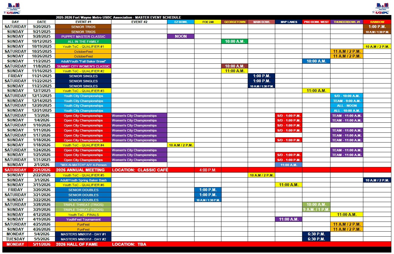 2025-2026 Fort Wayne Metro USBC - SEASON CALENDAR - UPDATED