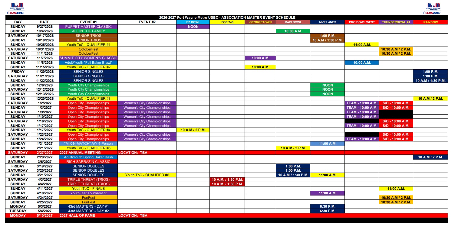 2026-2027 Fort Wayne Metro USBC - SEASON CALENDAR